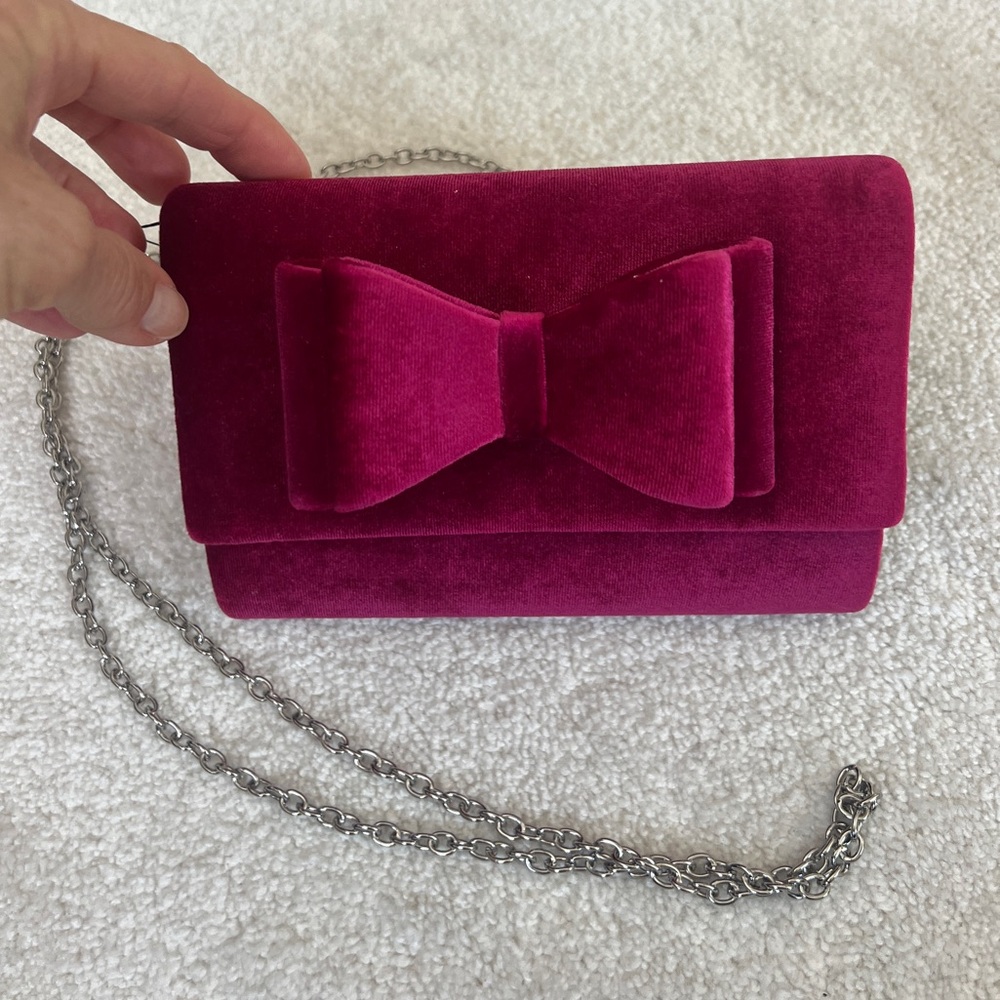 INC Velvet Pink Bow Evening Bag, Clutch with Silver Shoulder Chain Strap NWT